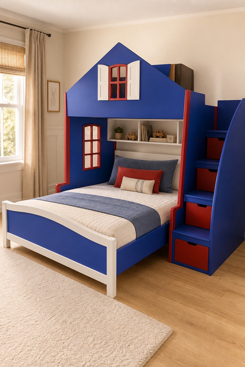 House-Style Bunk Bed with Independent Queen Bed